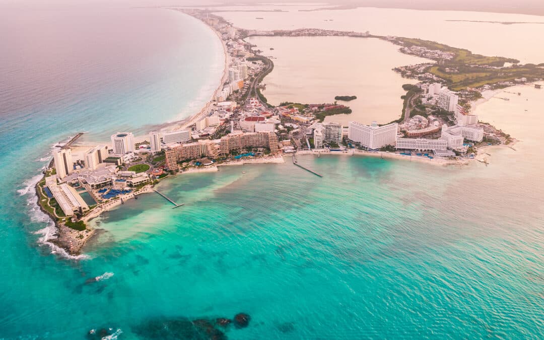 Aerial Panoramic View Of Cancun Beach And City Hotel Zone In Mex